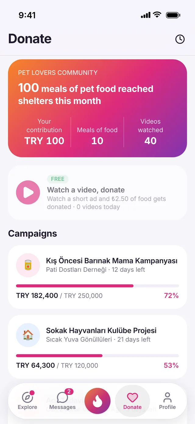 Donate screen in the PatiMatch app