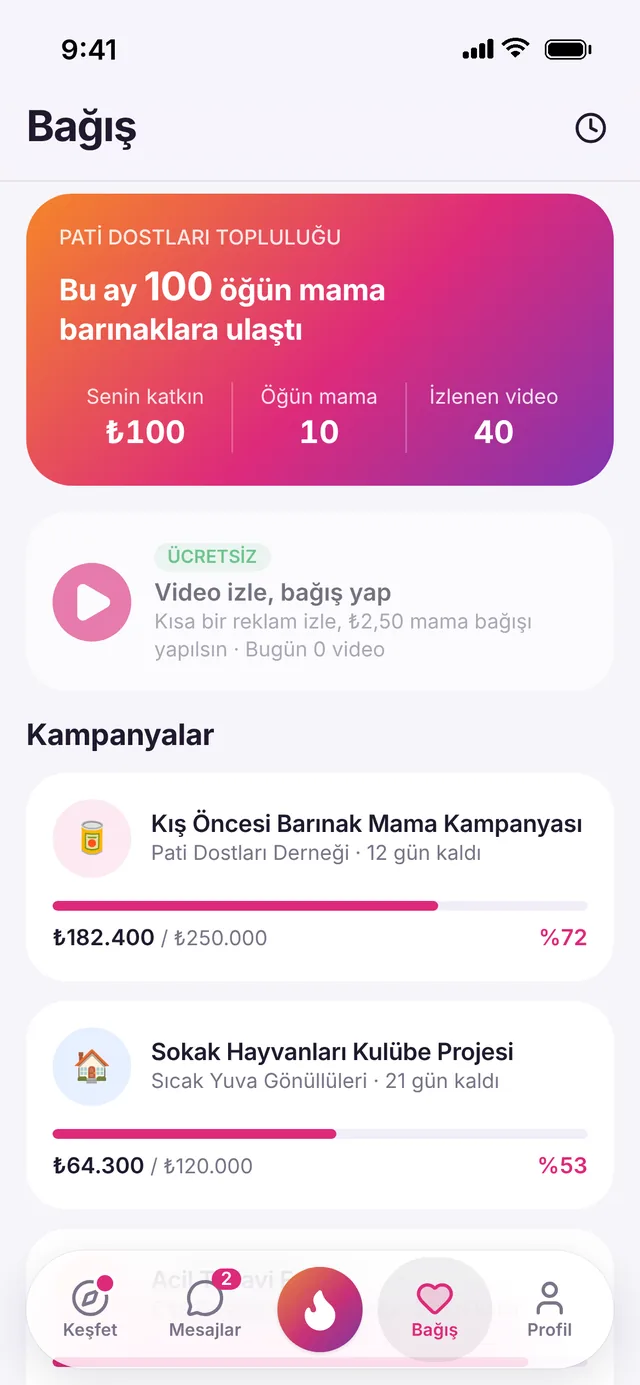 PatiMatch uygulamasında Bağış ekranı