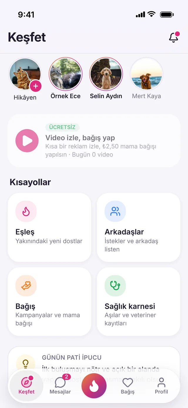 PatiMatch uygulamasında Keşfet ekranı