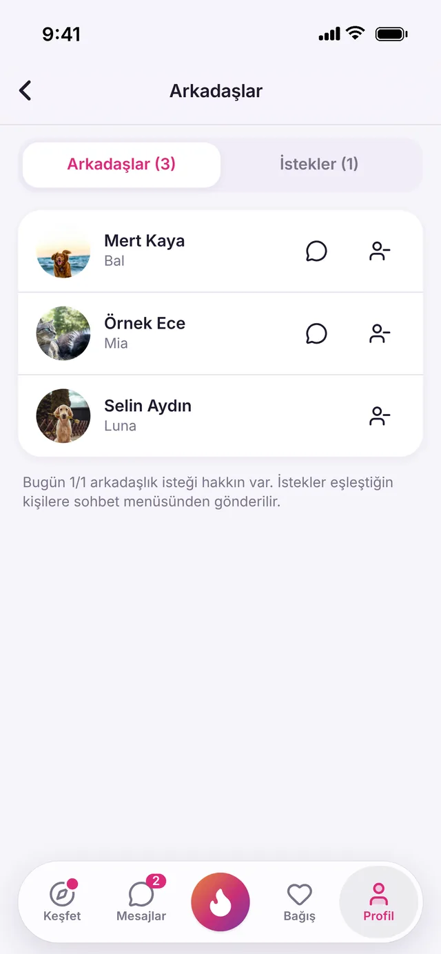 PatiMatch uygulamasında Arkadaşlar ekranı