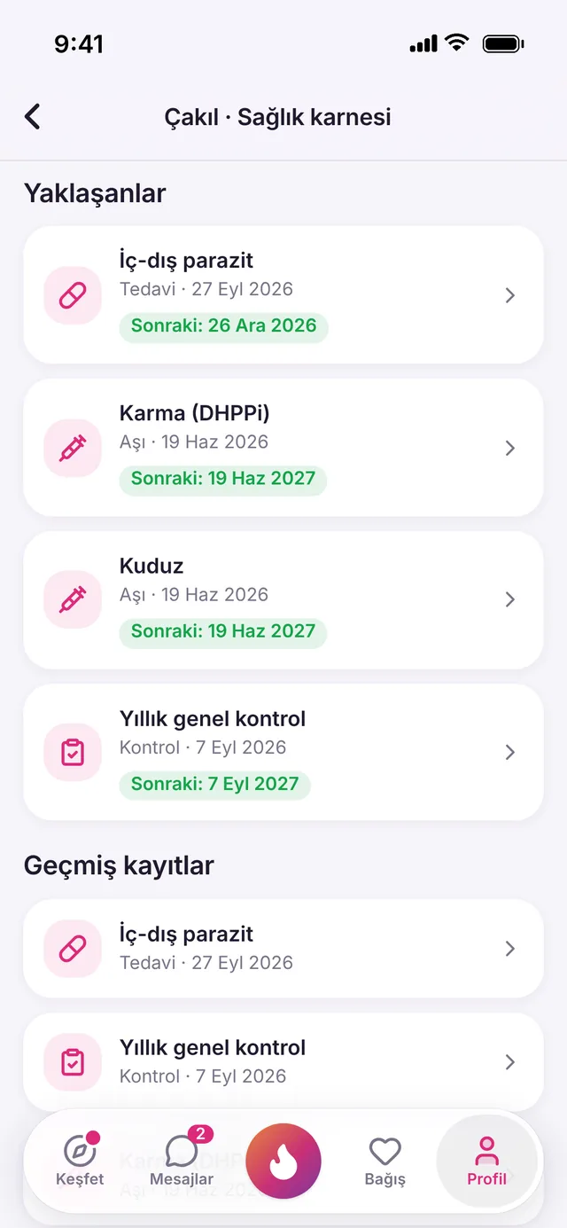 PatiMatch uygulamasında Sağlık karnesi ekranı
