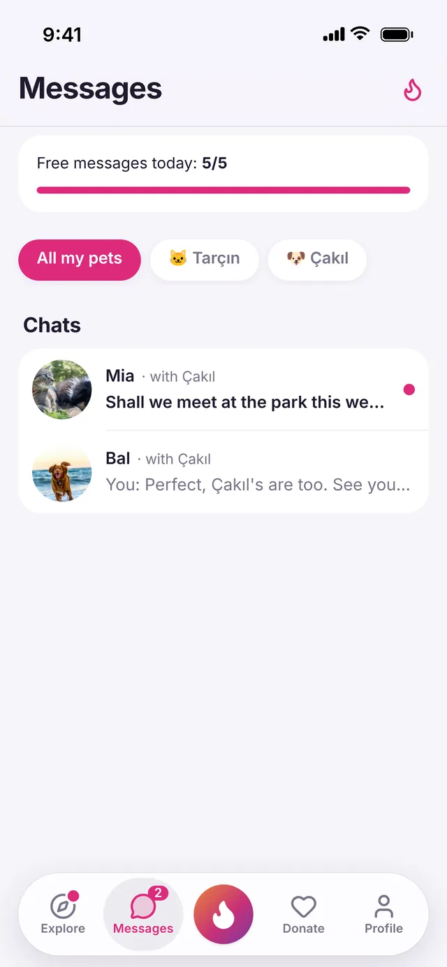 Messages screen in the PatiMatch app