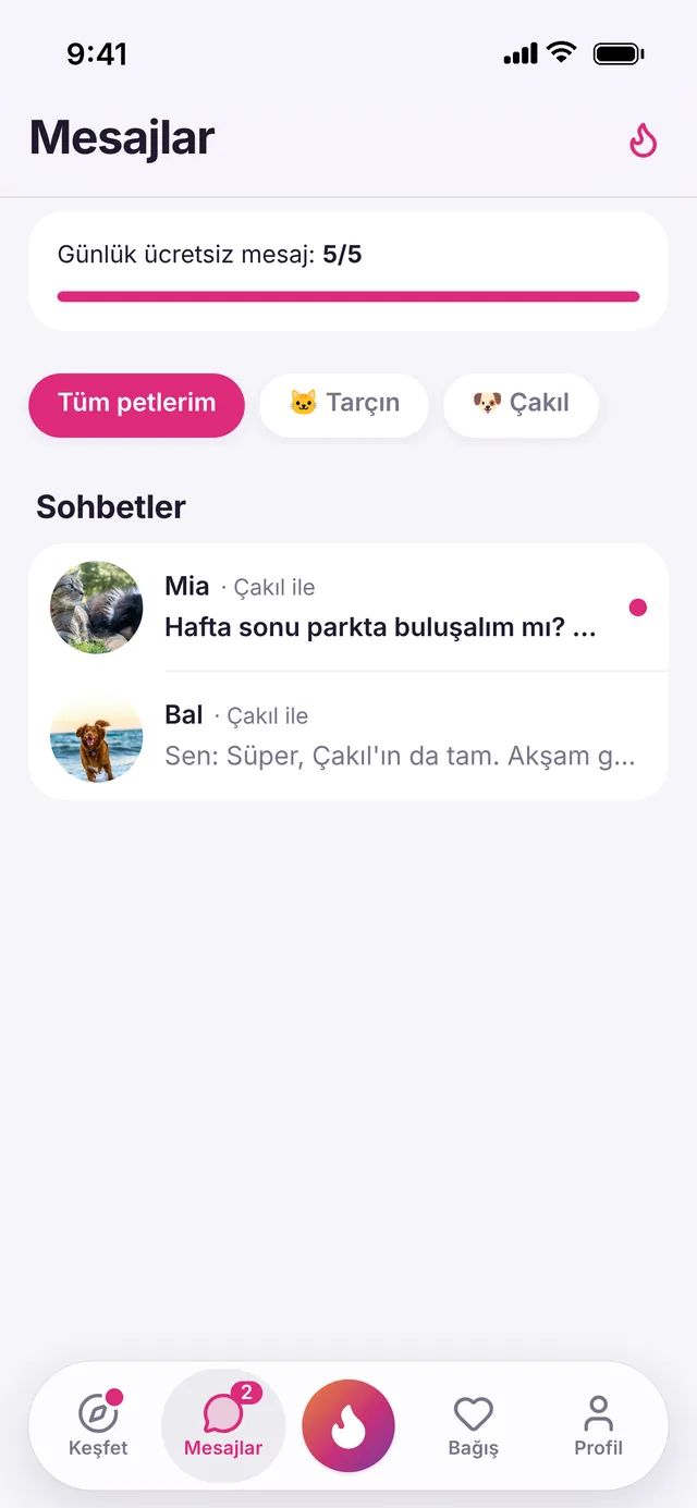 PatiMatch uygulamasında Mesajlar ekranı